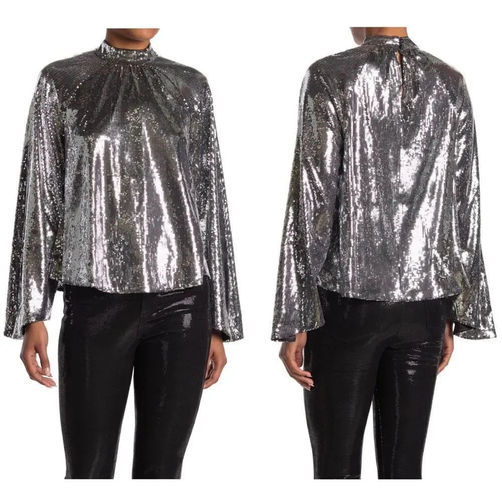 RtA Tennessee Peasant Silver Sequin Bell Sleeve Top Sz XS NWT - Picture 16 of 16